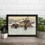 Vintage wall art of a snowy village with people at a small market, surrounded by wooden houses and a cloudy sky. displayed on the wall