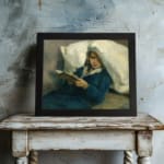 Infidu Vintage Wall Art of a girl peacefully reading with soft blue, white, and beige tones in a cozy, relaxed setting. displayed on the wall