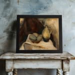 Vintage still life wall art with ceramic jug and bowl on white cloth, set against warm abstract background in earthy tones. displayed on the wall
