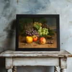 Vintage fruit still life wall art with grapes, apples, peaches, and plums on a rustic surface and dark leafy background. displayed on the wall