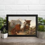 Vintage wall art of a red fox holding a bird in its mouth, set in a mountain landscape with rocky terrain and a pale blue sky. displayed on the wall