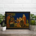 Vintage Nativity wall art showing Three Wise Men visiting baby Jesus under a dark blue sky with warm, rich colors and classic details. displayed on the wall