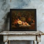 Classic still life vintage wall art with fruits and a rustic jug, showcasing rich warm colors and cozy, antique appeal. displayed on the wall