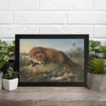 Vintage wall art of a fox crouched over a rabbit in a grassy countryside field with natural earthy tones and peaceful rural background. displayed on the wall