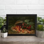 Vintage still life of cherries spilling from a basket, featuring vibrant red, orange, and yellow fruit with deep green leaves. displayed on the wall