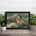 Infidu vintage wall art featuring a woman in period attire on a small boat amidst stormy seas with dramatic waves and a cloudy sky. displayed on the wall art in a black frame