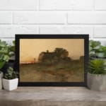 Vintage farmhouse wall art at sunset with warm tones and rustic countryside charm. displayed on the wall