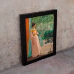 Vintage wall art of a graceful woman in a pink dress standing at a doorway, gazing into a peaceful garden with greens, oranges, and teals. displayed on the wall