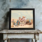 Vintage wall art featuring a camel with a rider, festival scene with colorful figures, and desert architecture in soft beige and blues. displayed on the wall