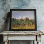 Vintage wall art featuring horse riders in open fields with soft, natural colors, including green grass, blue skies, and brown horses. displayed on the wall