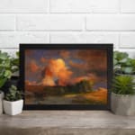 Vintage wall art of glowing red desert rocks with a vivid sunset sky and rugged terrain by Infidu. displayed on the wall