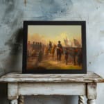 Vintage military wall art featuring soldiers, a cannon, and a dramatic battlefield with earthy tones and a golden sky. displayed on the wall