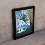 Vintage wall art with a white bird, tropical trees, and mountain background in soft blue, green, and brown tones. displayed on the wall