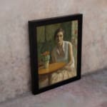 Vintage wall art of a woman in a white blouse and peach skirt sitting beside a table with a flower pot in a softly colored interior. displayed on the wall