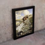 Vintage wall art showing two women in flowing dresses sitting on a grassy hillside with a dog, under a blue sky with white clouds. displayed on the wall