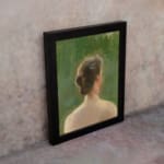 Vintage wall art showing the back view of a woman with tied hair, set against a rich green background with soft, blended brushstrokes. displayed on the wall