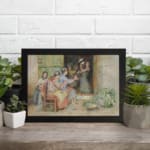 Vintage wall art of women sitting outside a house, talking, with warm tones and traditional details in the background. displayed on the wall