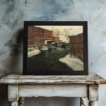 Vintage winter river scene with brick buildings and snowy rooftops by Infidu. displayed on the wall