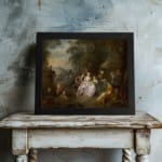 Vintage 1700s gathering wall art with elegantly dressed people in an outdoor setting surrounded by trees. displayed on the wall