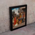 Vintage wall art of a city gathering scene with warm tones, historic buildings, and a group of people around a central figure. displayed on the wall