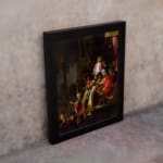 Vintage royal gathering wall art with glowing central figure, colorful robes, and rich dark background displayed on the wall