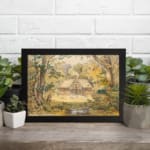 Vintage wall art of a peaceful countryside with a stream, tall trees, and a wooden house in soft earthy tones. displayed on the wall