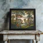 Vintage forest wall art with tall trees, red flowers, and a serene river scene. displayed on the wall