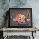 Vintage wall art of pink and yellow flowers in a white bowl with a brown textured background, framed in black. displayed on the wall