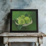 Infidu Vintage Green Apples in White Bowl Still Life Wall Art showcasing green apples in a white bowl with a soft green background. displayed on the wall