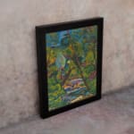 Vintage wall art of a vibrant forest with a colorful flowing stream and expressive brushstrokes. displayed on the wall