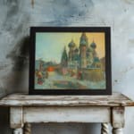 Vintage snowy cityscape with Russian domes, soft blue and yellow tones, cozy winter scene by Infidu. displayed on the wall