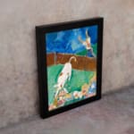 Vintage wall art of a white cow with brown spots in a colorful storybook-style field with flowers, a person, and a blue sky. displayed on the wall