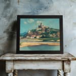 Vintage wall art of a hilltop fort and village with scenic river, soft colors, and calm sky. displayed on the wall