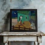 Vintage folk-art wall art with abstract animals, a green-roofed barn, and a crescent moon in a dark blue sky. displayed on the wall