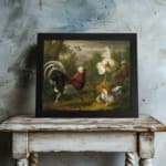 Vintage wall art of roosters and hens in a peaceful farmyard setting with natural earthy tones. displayed on the wall