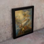 Vintage wall art depicting heavenly angels in soft tones of golden yellow, white, and light blue amidst swirling clouds. displayed on the wall