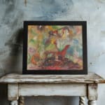 Infidu Vintage Abstract Wall Art with Dreamy Dog Figure, colorful and surreal design with soft brushstrokes and a misty background. displayed on the wall