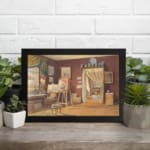 Vintage wall art of a cozy artist studio with maroon walls, easel, chairs, and natural light. displayed on the wall