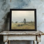Infidu vintage wall art of a quiet countryside with soft green fields, trees, and a cloudy sky in muted tones. displayed on the wall