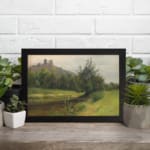 Vintage countryside wall art with hills, stream, and trees in soft green and blue tones by Infidu. displayed on the wall