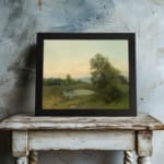 Infidu serene vintage nature wall art with pond, trees, and soft sunrise colors. displayed on the wall