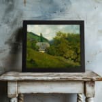 Vintage countryside wall art with green hills, trees, and a gray-roofed house in a calm rural setting. displayed on the wall