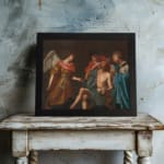 Vintage religious wall art with an angel and three figures in muted robes on a dark background. displayed on the wall