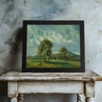 Vintage wall art of peaceful hills and soft clouds in natural green and blue tones. displayed on the wall