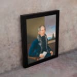 Vintage portrait wall art of an older man in a fur-trimmed coat holding a paper, with a window view and soft sky in the background. displayed on the wall