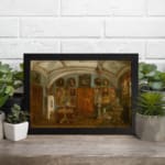 Vintage wall art of an ornate historic interior with chandeliers, framed portraits, and richly detailed furniture in warm earthy tones. displayed on the wall