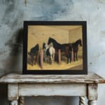 Vintage stable wall art with calm horses standing on hay in soft natural tones. displayed on the wall