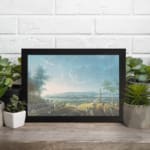 Vintage lakeside scene with people, hills, and a calm sky in soft tones. displayed on the wall
