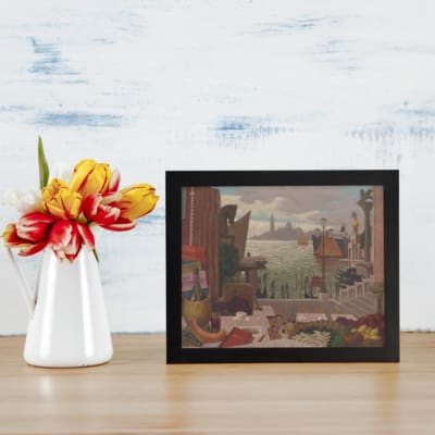 Infidu Vintage Wall Art features a scenic harbor with a city waterfront, detailed foreground, and distant cityscape in vintage colors. displayed on the table in a black frame