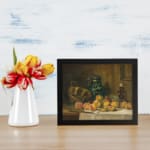 Infidu classic still life vintage wall art with peaches, jug, and candle on a wooden table, perfect for warm, rustic dining room decor. displayed on the wall